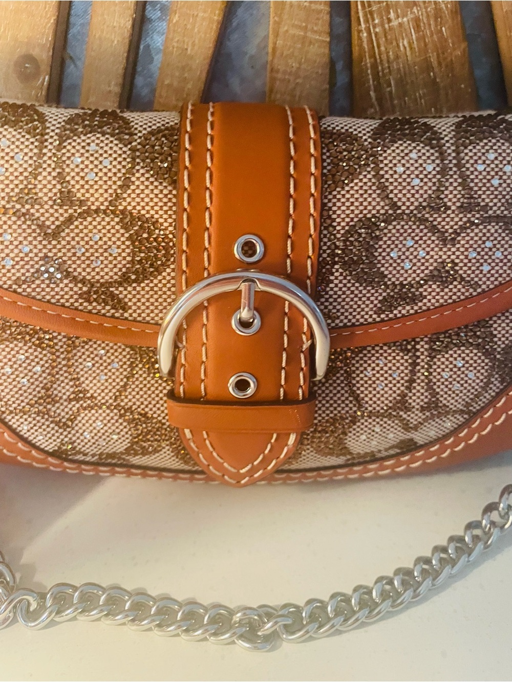 Coach Brown Signature Canvas Crossbody with Tan Leather Trim and Chain - Picture 2 of 8